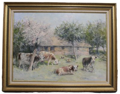 a painting of cows in a field with a barn in the background