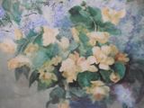 a painting of flowers in a blue vase on a table