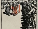 un dessin en noir et blanc représentant un groupe de personnes debout devant une foule