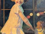 a painting of a little girl playing with a teddy bear