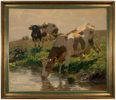 tableau représentant des vaches buvant l'eau d'un ruisseau dans un champ