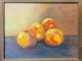 a painting of three oranges on a table
