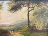a painting of a man and a woman walking down a road