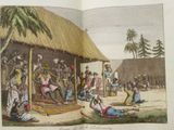 an old book with a picture of a group of people in front of a hut