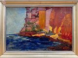 une image représentant une peinture d'une falaise avec un bateau dans l'eau