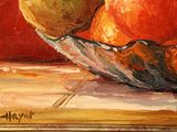 painting of oranges and apples in a bowl on a table