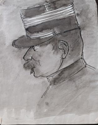 dessin représentant un homme en uniforme militaire, coiffé d'un chapeau