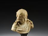 a white marble bust of a man on a black base