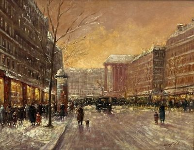 painting of a city street with people walking on the sidewalks