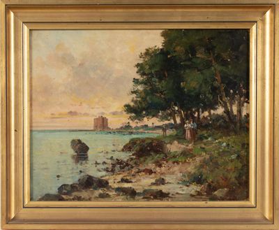 une image représentant une peinture d'une scène de plage avec un château au loin