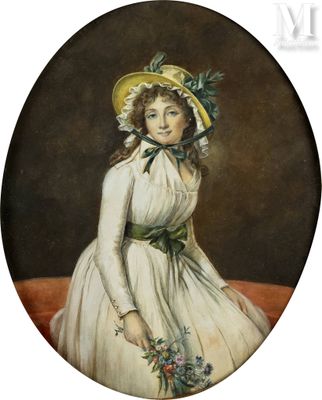 painting of a woman in a white dress and a yellow hat