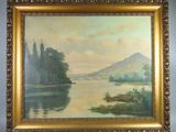 an image of a painting of a lake with a boat in the water