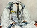 tableau représentant une femme assise sur un lit, vêtue d'une robe blanche