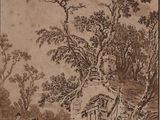 drawing of a wooded landscape with figures and trees