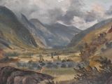 a painting of a mountain scene with a river in the foreground