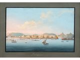 painting of a view of a harbor with boats in the water