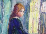 a painting of a woman sitting at a piano