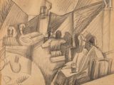 dessin représentant un groupe de personnes assises à une table
