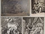 quatre gravures illustrant la vie de Jésus, notamment sa naissance et sa mort