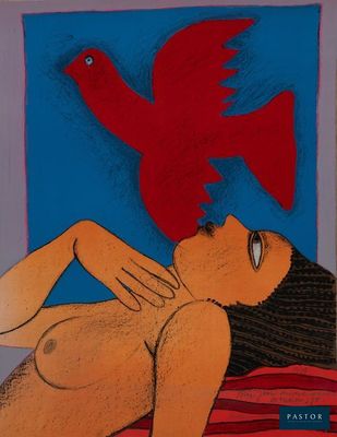 une image représentant un tableau où l'on voit une femme allongée sur un lit, avec un oiseau en arrière-plan