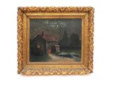 an oil painting of a house on a hill with a moon in the sky