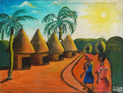 tableau représentant deux femmes marchant sur un chemin de terre devant des huttes au toit de chaume