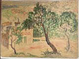 an image of a painting of a house and trees in a field