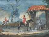 un tableau représentant un homme à cheval accompagné de deux chiens