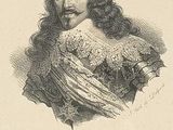 an old drawing of a man with long hair wearing a dress
