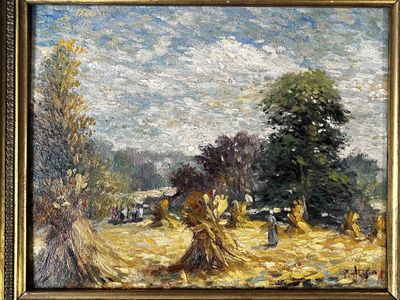 an image of a painting of a farm scene with hay being harvested