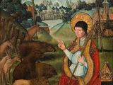an image of a painting of a woman holding a staff in a field with animals