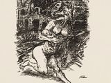 a black and white drawing of a man on a horse