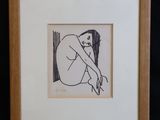 drawing of a woman sitting on her knees in a wooden frame