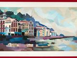 une image d'une peinture d'une ville au bord de l'eau