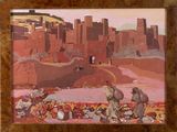 a picture of a painting of a village in the desert