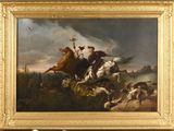 une image représentant un tableau où l'on voit un homme à cheval poursuivant une meute de chiens