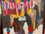 une peinture à l'huile représentant un groupe de personnes devant un bâtiment