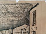 a drawing of a street with buildings and a street light