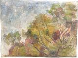 une image représentant un tableau où l'on voit des arbres dans un champ, avec un ciel bleu en arrière-plan