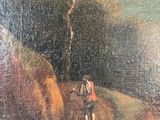 an oil painting of a man riding a horse down a dirt road