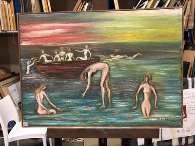 tableau représentant un groupe de femmes nues dans une barque sur un plan d'eau