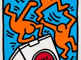 an image of a painting of two people jumping over a trash can