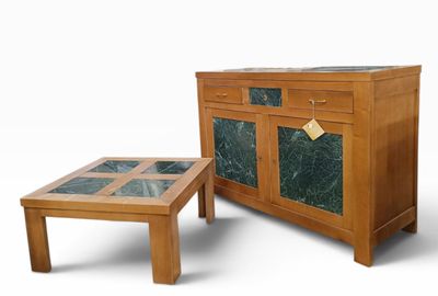 a wooden cabinet and a table with a glass top