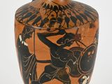 a vase with a painting of a man on a horse