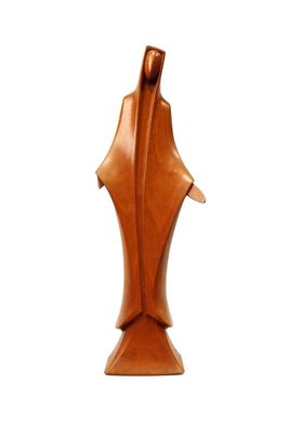 wooden sculpture of a woman ' s torso on a white background