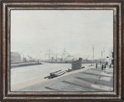 tableau représentant une scène portuaire avec des bateaux et des personnages sur l'eau