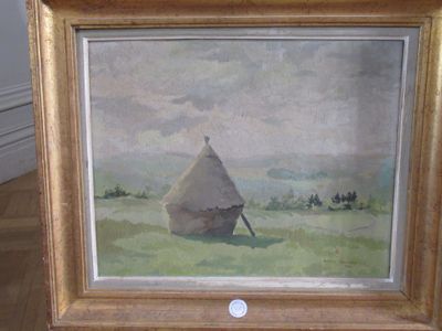 Huile sur panneau "Meule de foin" signée 39x48 cm