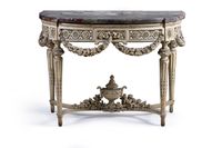 Console en bois sculpté, mouluré et laqué de forme demi-lune…