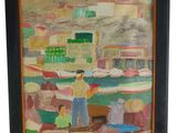 une peinture à l'huile représentant des personnes sur une plage, avec un bateau en arrière-plan