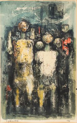 an image of a painting of a group of people standing in front of a building
